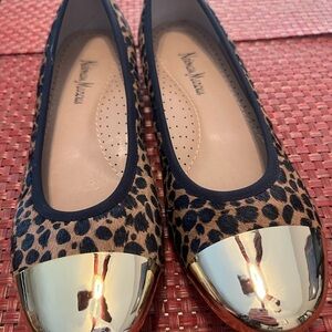 Neiman Marcus Leopard-Print Suede Flats with Gold Cap Toe